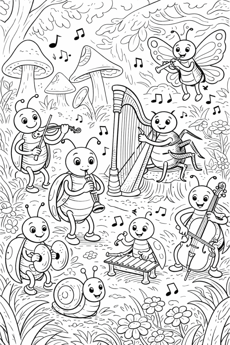 Insects playing musical instruments in a forest setting for a fun and creative coloring activity.