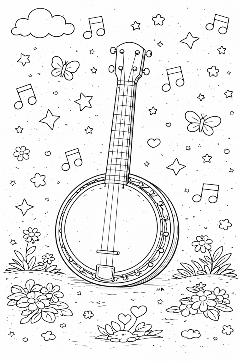 A coloring page featuring a musical instrument with musical notes, stars, butterflies, and flowers to color. Ideal for children's creative activity.