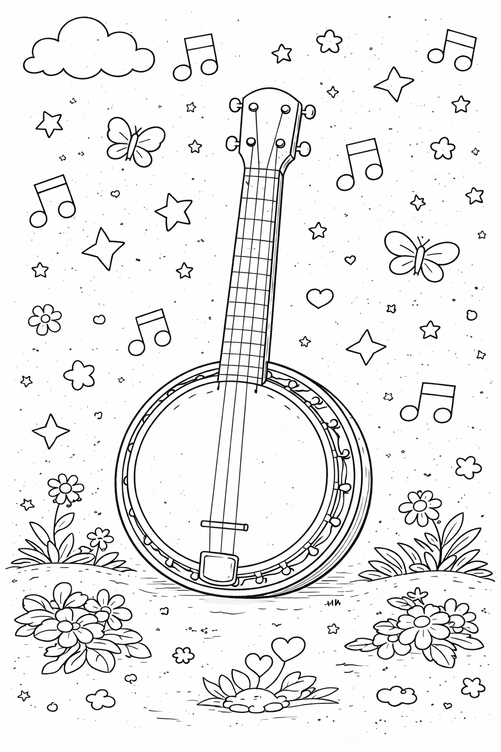 A coloring page featuring a musical instrument with musical notes, stars, butterflies, and flowers to color. Ideal for children's creative activity.