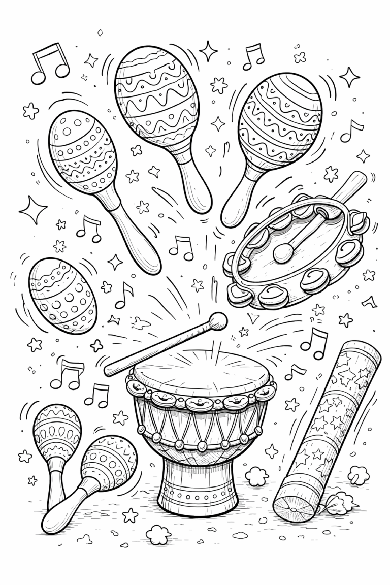 Coloring page of musical instruments including a drum, maracas, and a tambourine.
