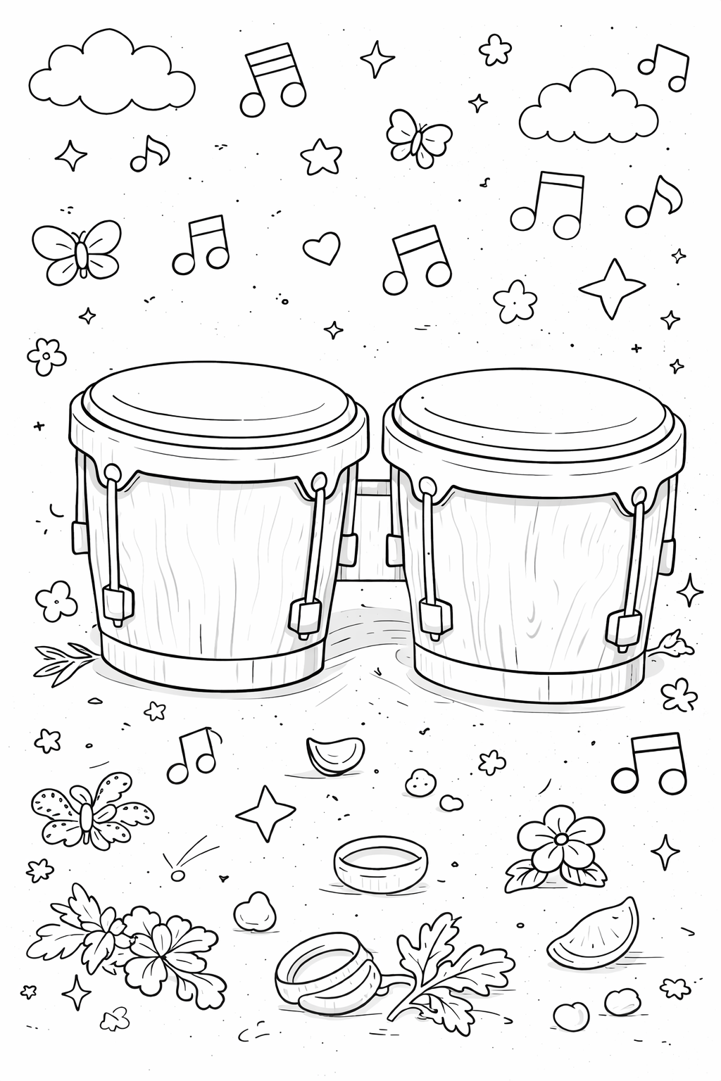 A coloring page with two drums and various musical symbols like notes, butterflies, and flowers. The scene is lively and perfect for young artists to enjoy and explore their musical creativity by coloring.