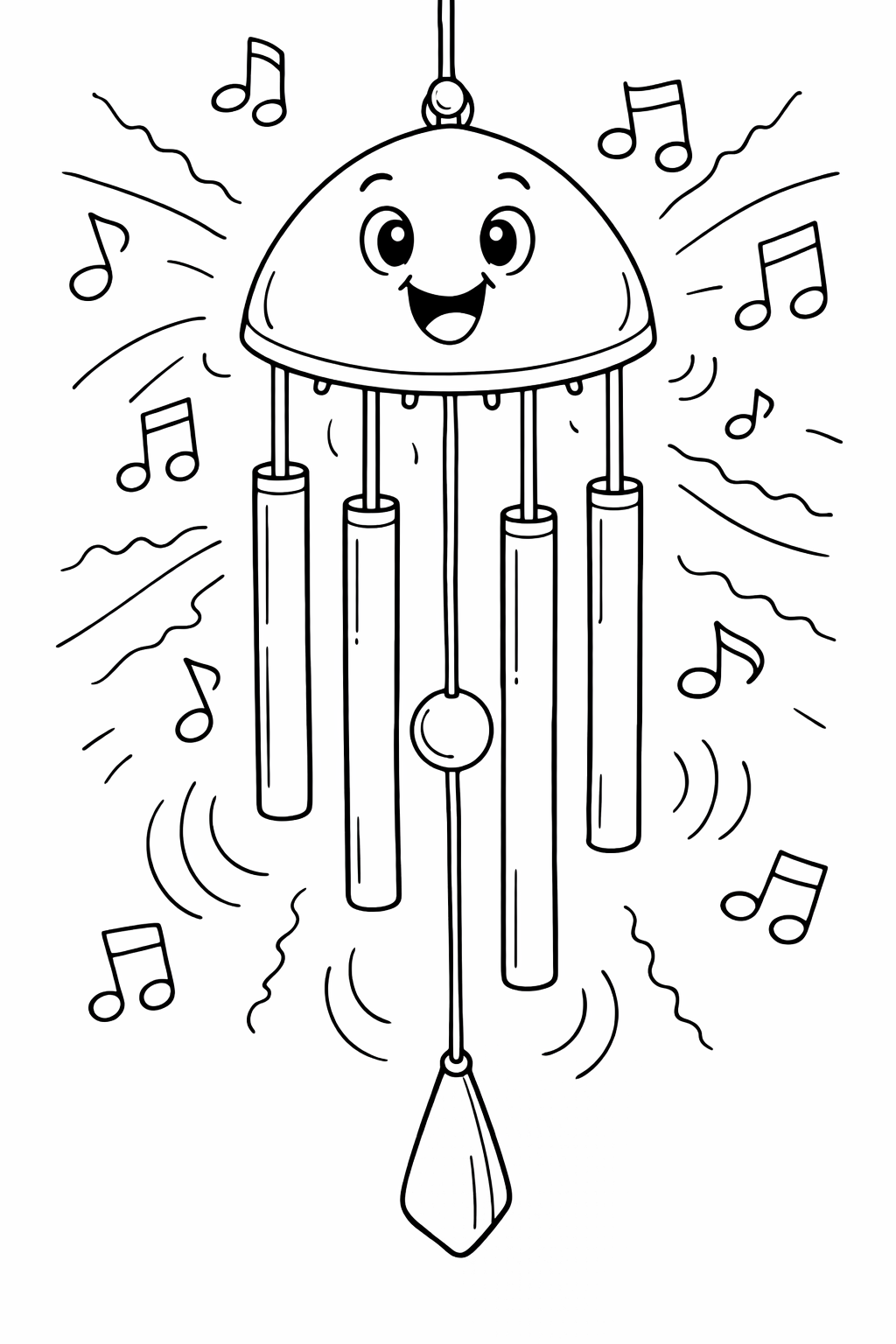 Children's coloring page of a smiling wind chime surrounded by musical notes, encouraging creativity and fun for young kids.