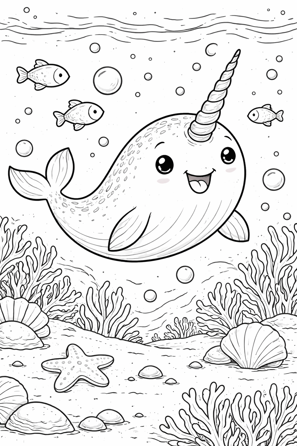 Cute narwhal coloring page with ocean scene