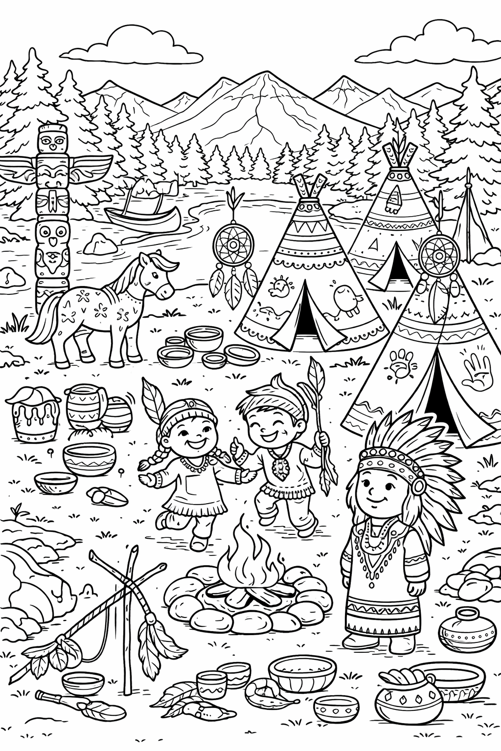 A detailed coloring page depicting a Native American camp with children playing near a campfire, surrounded by tepees, totem poles, and dream catchers, set against a mountain and forest landscape.