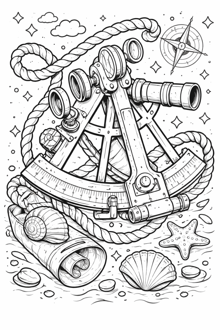 Nautical theme coloring page with compass and sextant