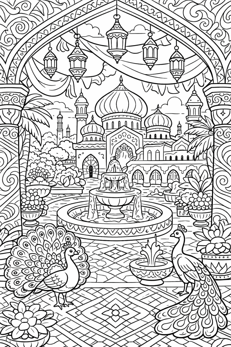 Oriental palace scene with peacocks and domes