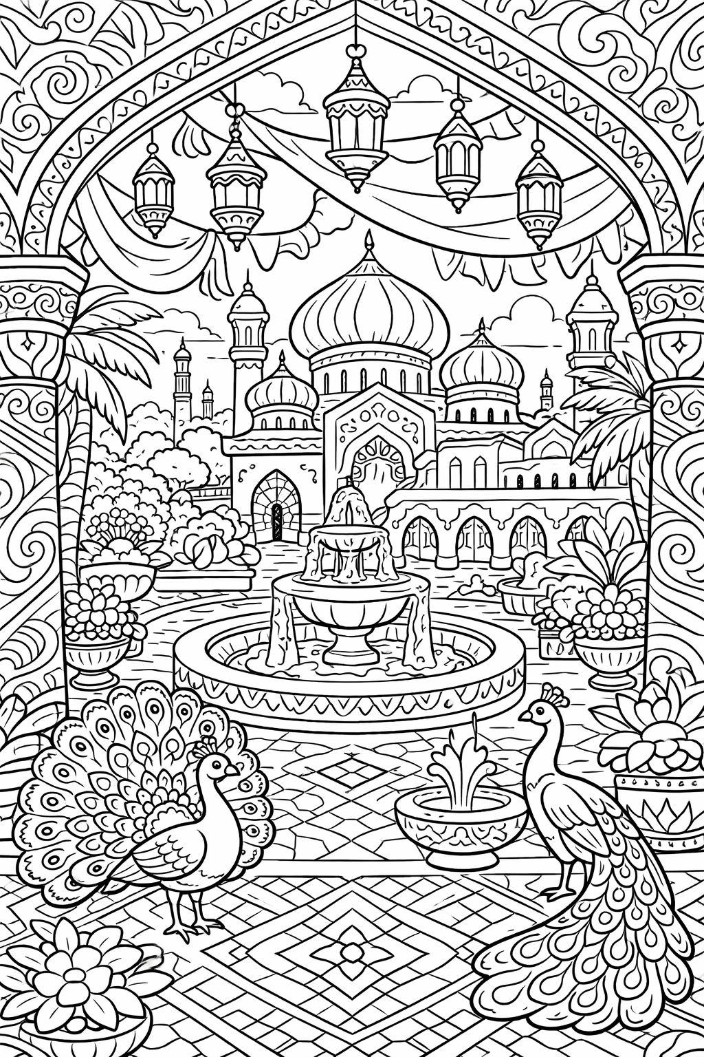 Oriental palace scene with peacocks and domes