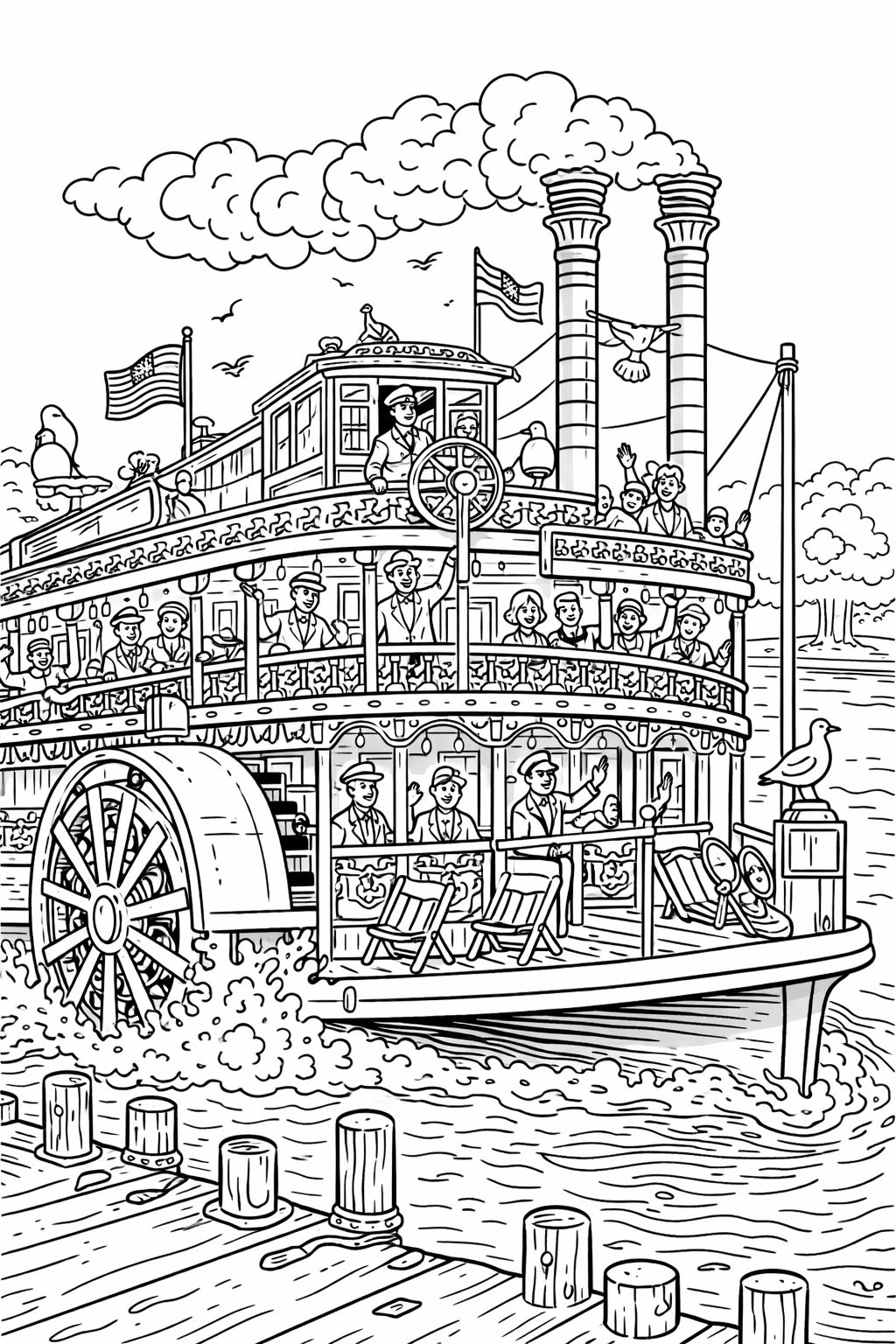 A detailed vintage paddle steamboat with passengers on deck, large paddle wheel, smokestacks, and flags, providing a classic riverboat scene for children to color.