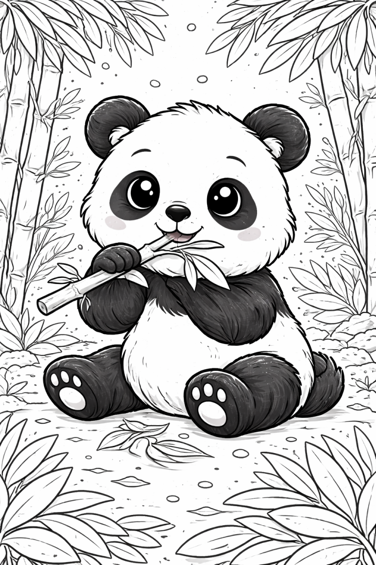 Panda coloring page with bamboo and leaves