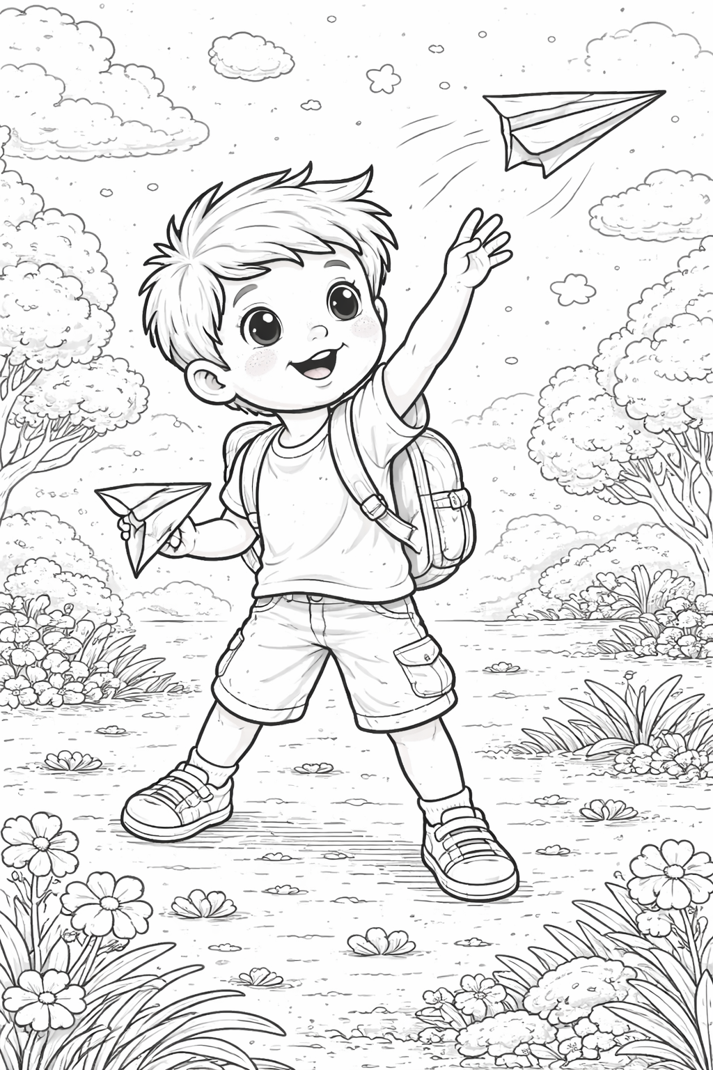 Child playing with paper airplanes in a field