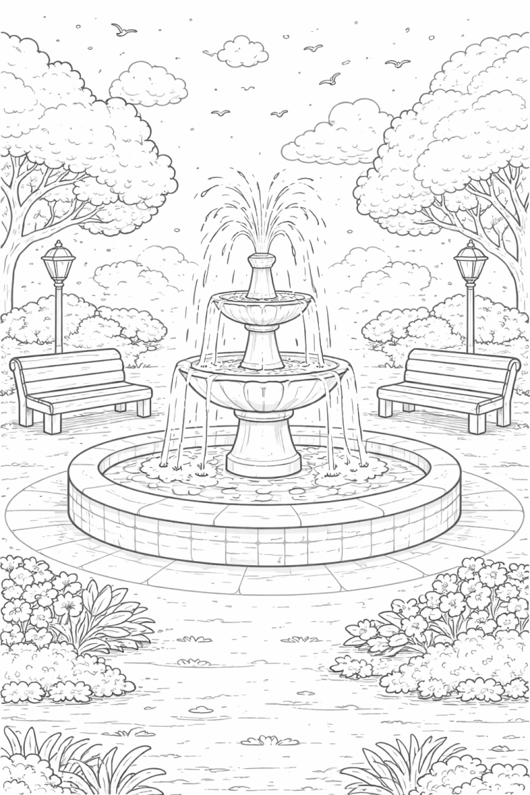 A park with a large fountain surrounded by benches and trees.