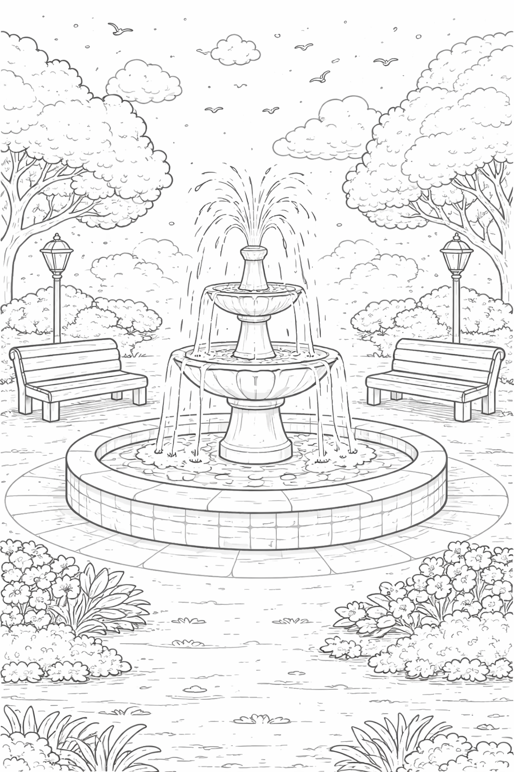 A park with a large fountain surrounded by benches and trees.