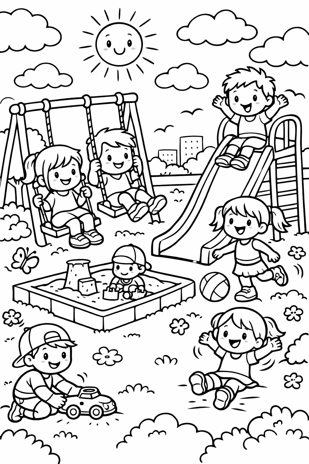 Children playing in a park with swings and slides