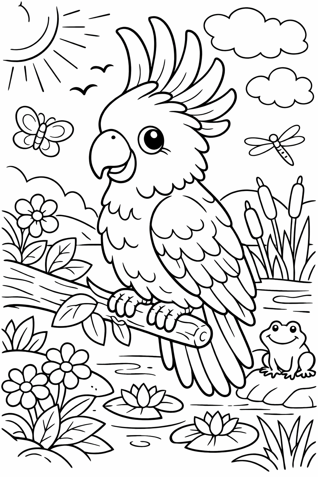 A vibrant coloring page displaying a parrot on a branch with sun, clouds, and lively insects, set in a beautiful natural scene for children to color.