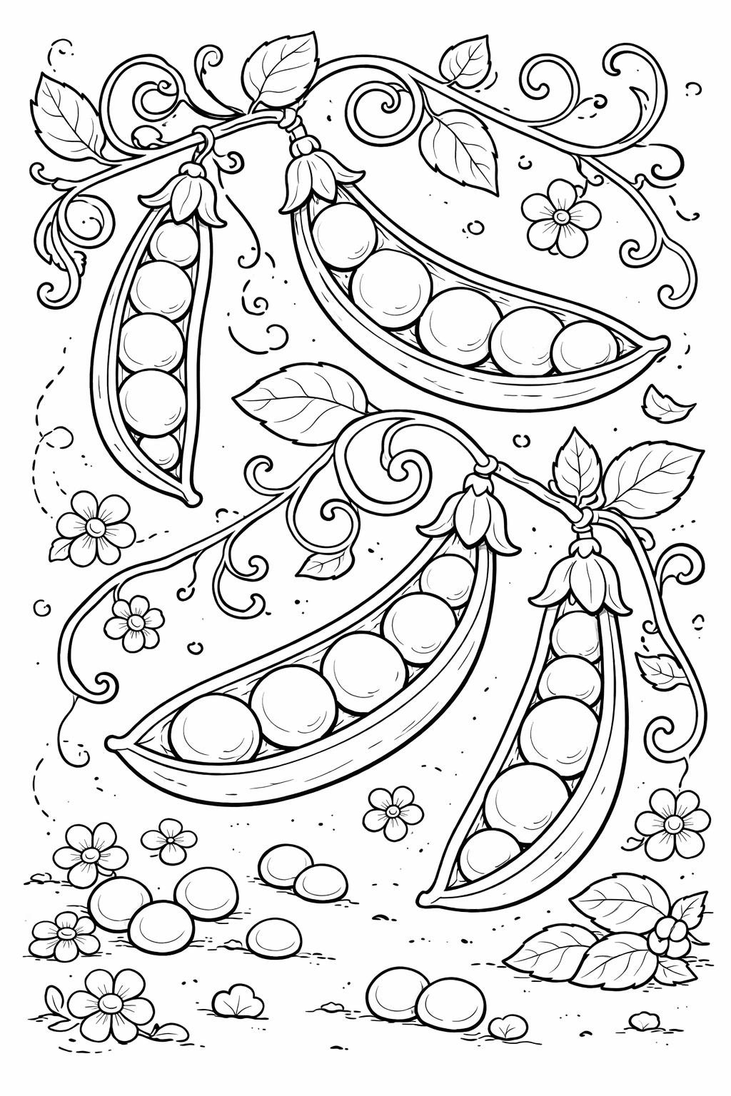 A children's coloring page showing pea pods on vines, surrounded by leaves and flowers, designed for kids to add vibrant colors and explore nature-themed art.