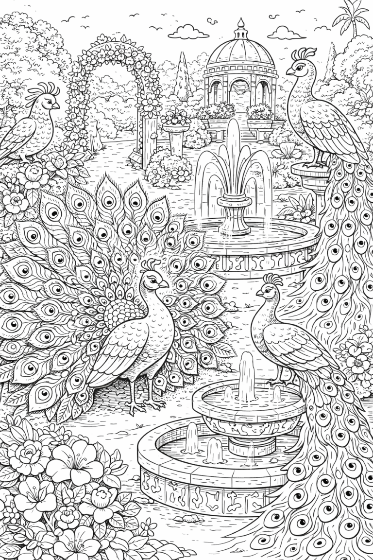 Peacock garden scene with fountains and flowers