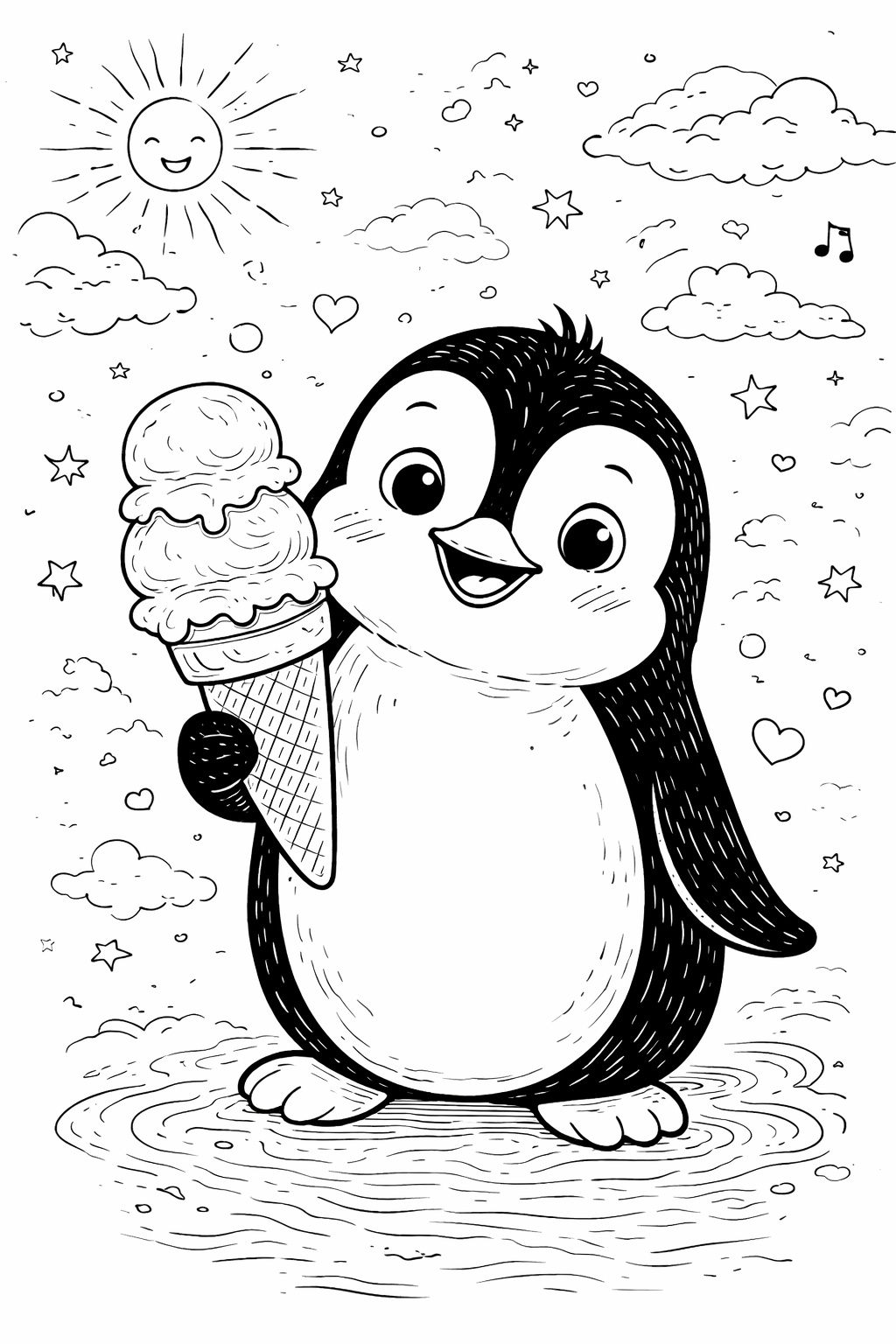 A cute penguin joyfully holding a big ice cream cone. The background is filled with a smiling sun, fluffy clouds, stars, and musical notes, creating a cheerful scene for kids to color.
