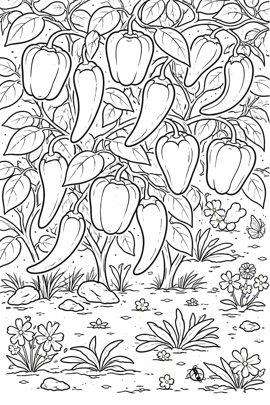 A detailed coloring page of pepper plants with lush foliage and surrounding garden elements for children to color in and enjoy.