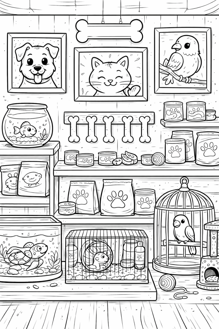 Children's coloring page featuring a pet shop scene with animals and supplies.