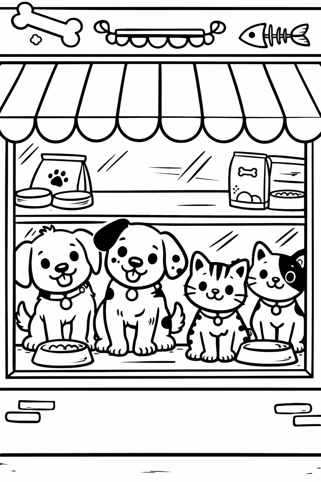 A charming pet shop scene showing two puppies and two kittens inside. Children can color these adorable animals, which are eagerly waiting with their food bowls. The page is filled with opportunities for color and creativity, making it ideal for young animal lovers.