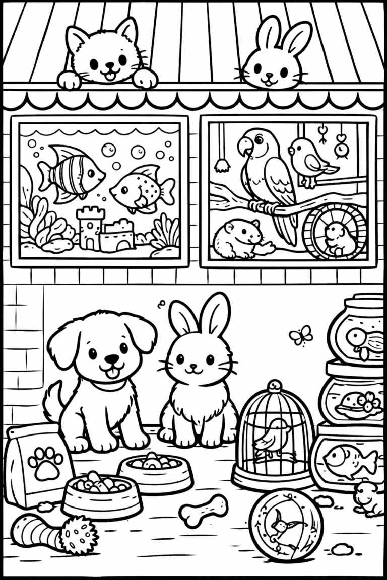 Coloring page featuring a detailed pet shop scene with various animals such as a dog, rabbit, fish, and birds. The page is designed to be engaging for children, encouraging them to use their creativity to bring the scene to life.