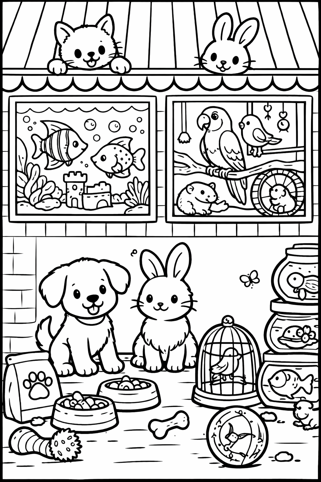 Coloring page featuring a detailed pet shop scene with various animals such as a dog, rabbit, fish, and birds. The page is designed to be engaging for children, encouraging them to use their creativity to bring the scene to life.