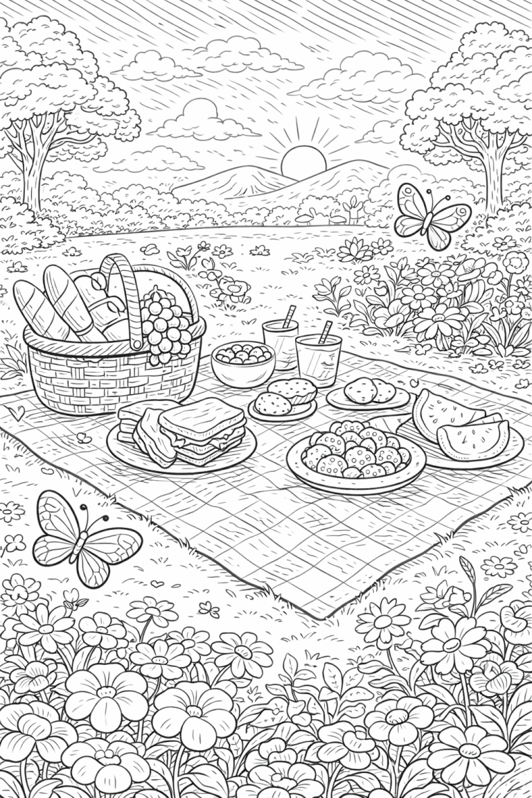Coloring page of a picnic scene with food and butterflies