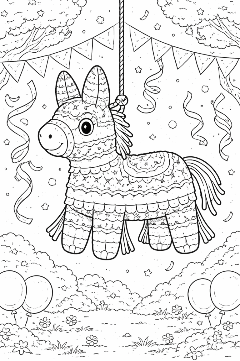 A coloring page featuring a festive pinata.