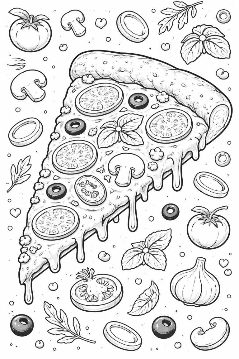 A coloring page of a pizza slice with toppings.