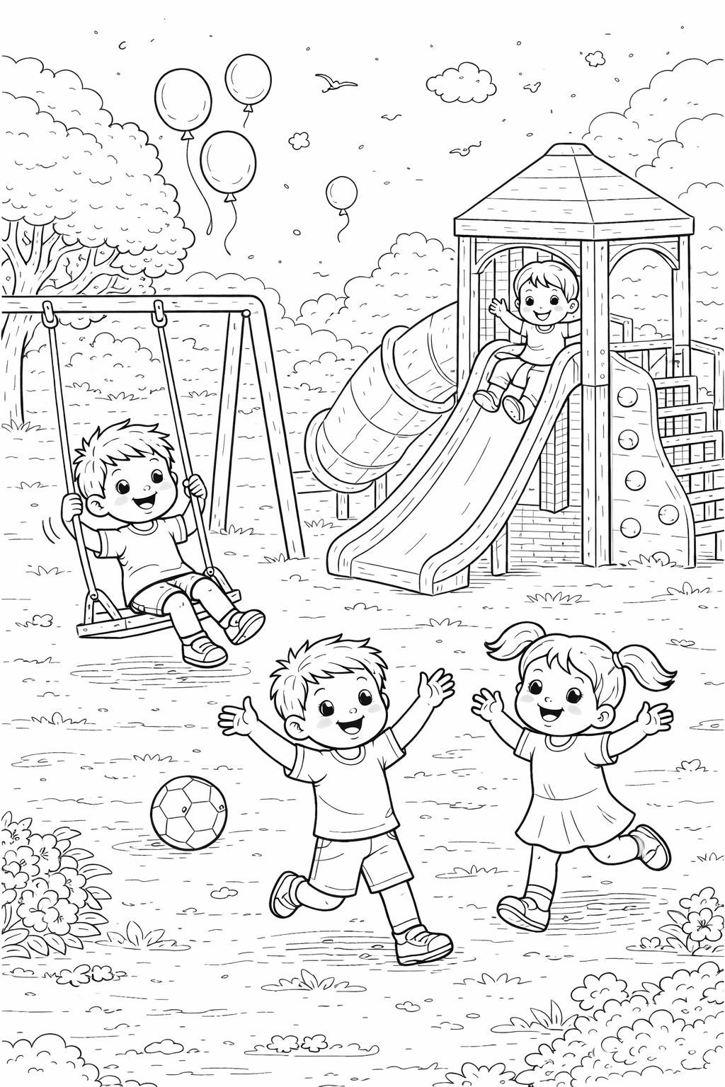 Children playing in a playground with swings and slides.