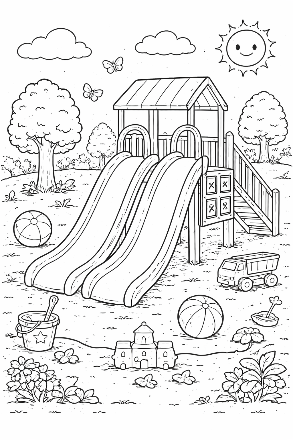 A playground scene with slides, a toy truck, sandcastle, beach balls, trees, and butterflies under a smiling sun, offering kids a fun and colorful coloring experience.