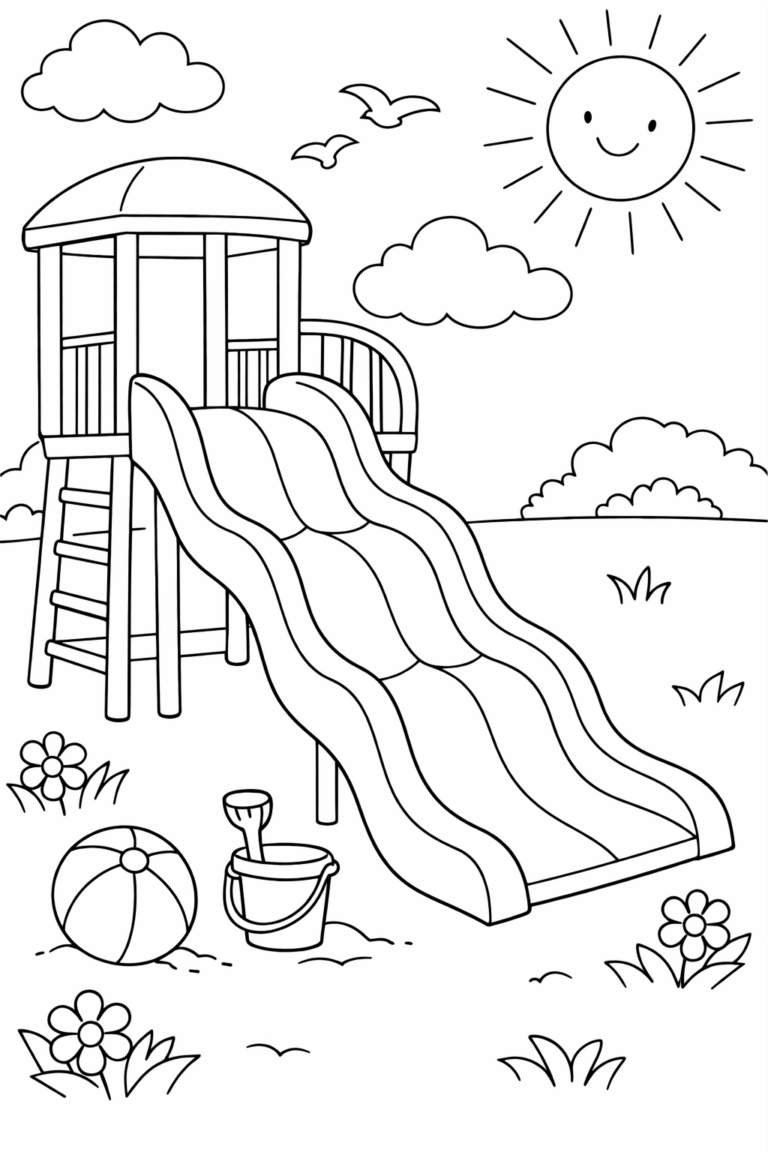 A playful coloring page showing a playground slide with a sun, clouds, birds, a beach ball, and a sand pail, encouraging children's creativity and drawing skills.