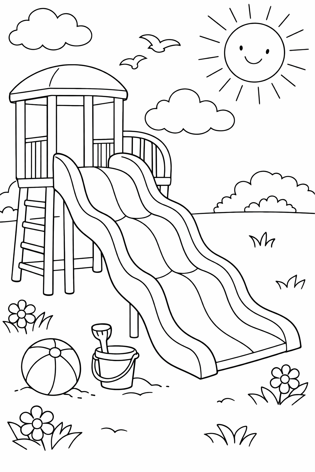 A playful coloring page showing a playground slide with a sun, clouds, birds, a beach ball, and a sand pail, encouraging children's creativity and drawing skills.