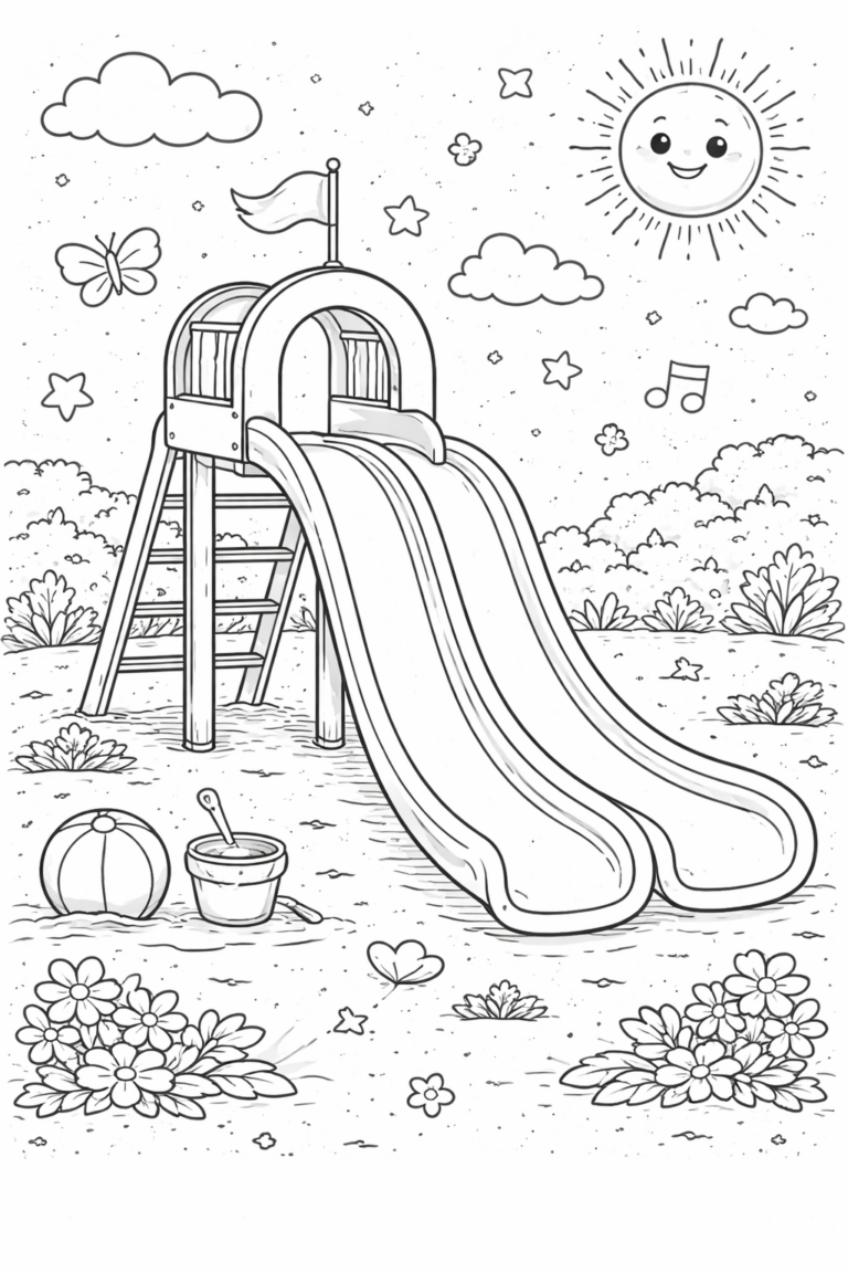 Coloring page of a playground slide with a sunny backdrop. A smiling sun, fluffy clouds, and a butterfly create a cheerful atmosphere. Children will also find a beach ball, sand bucket, and flowers to color.