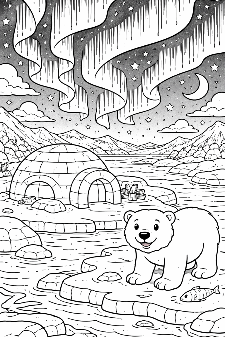 Polar bear with igloo under Northern Lights