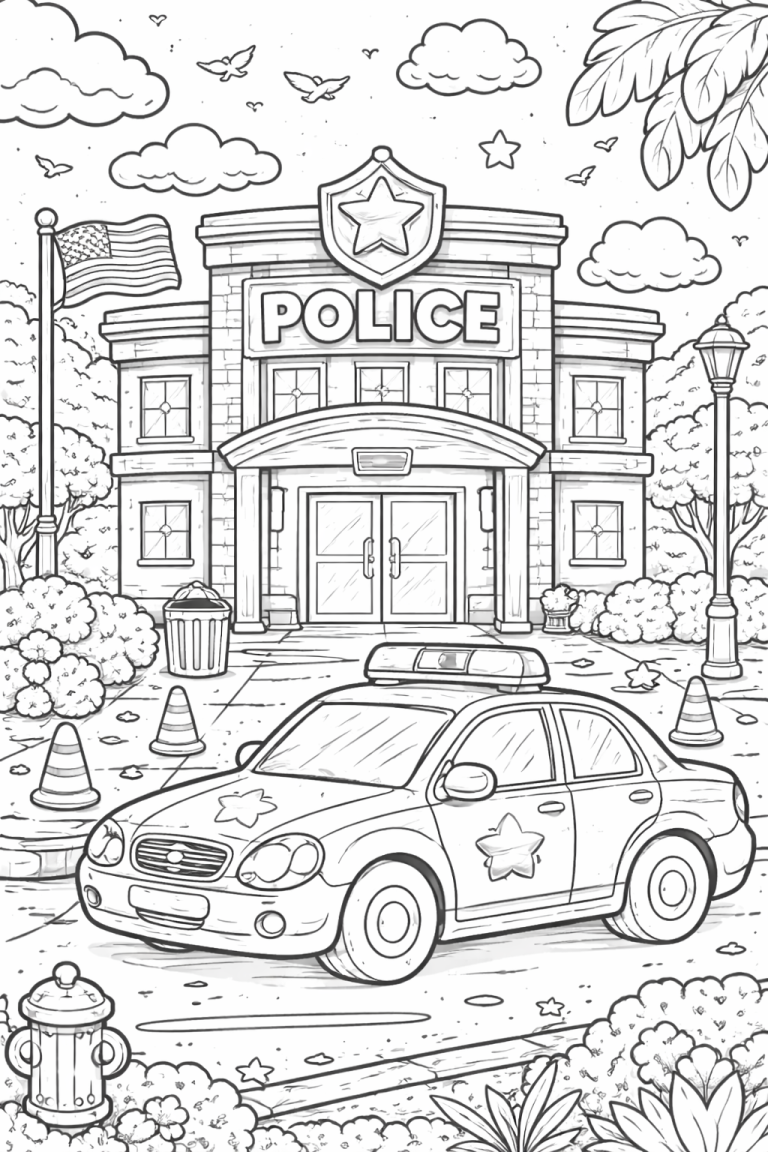 Police station coloring page with police car