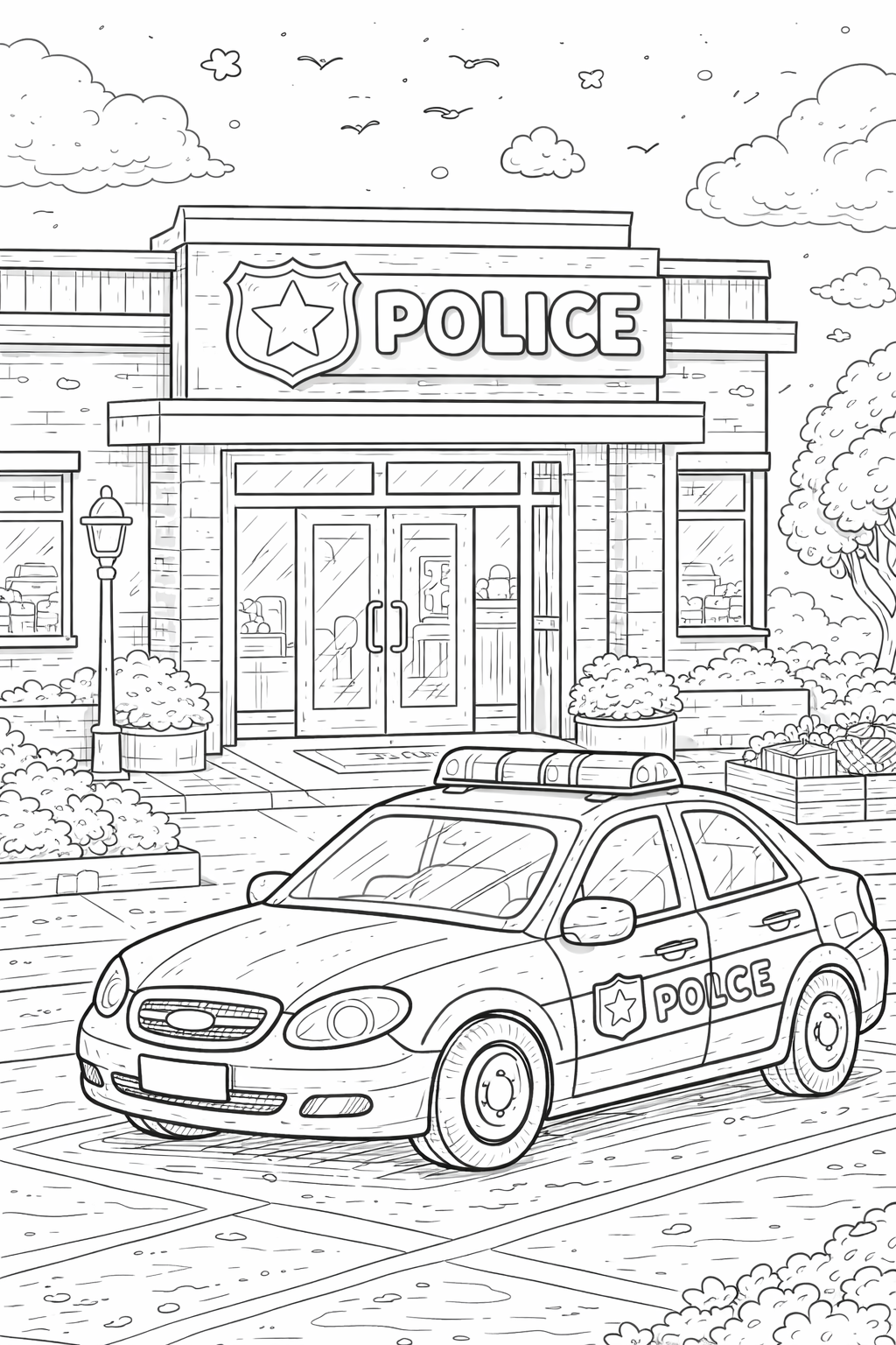 Police station and car coloring page for kids