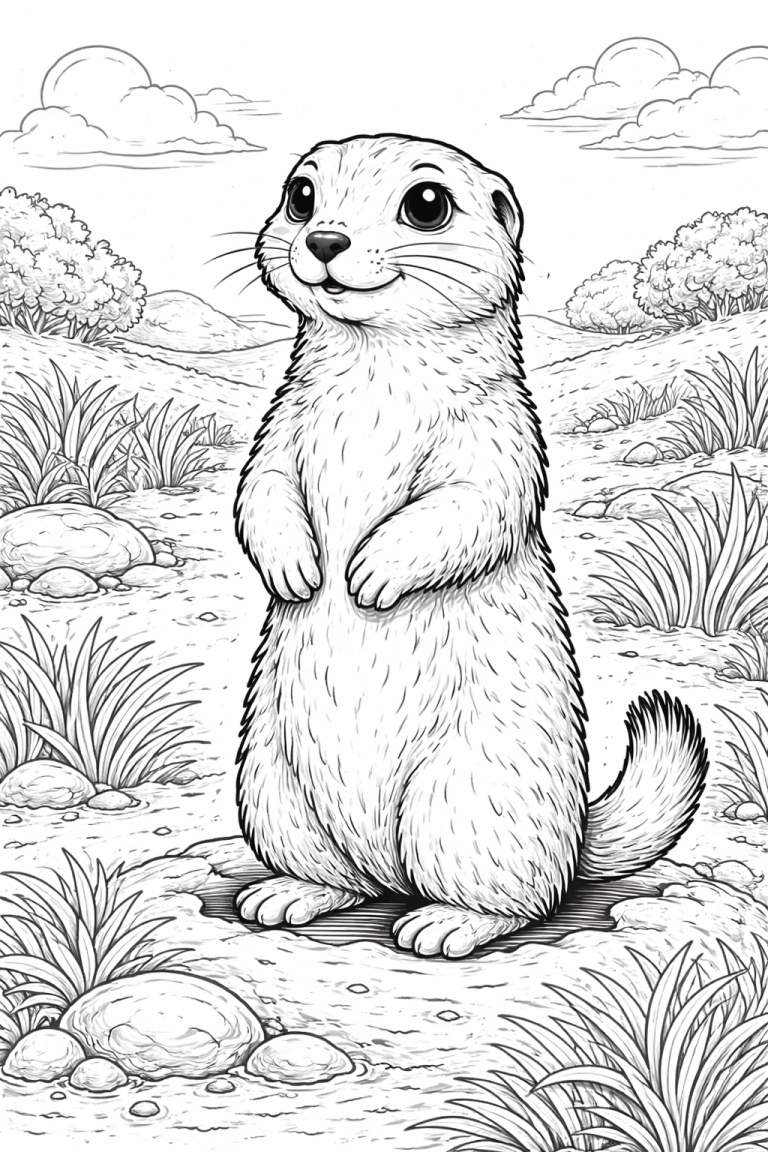 Prairie dog standing in a field, coloring page