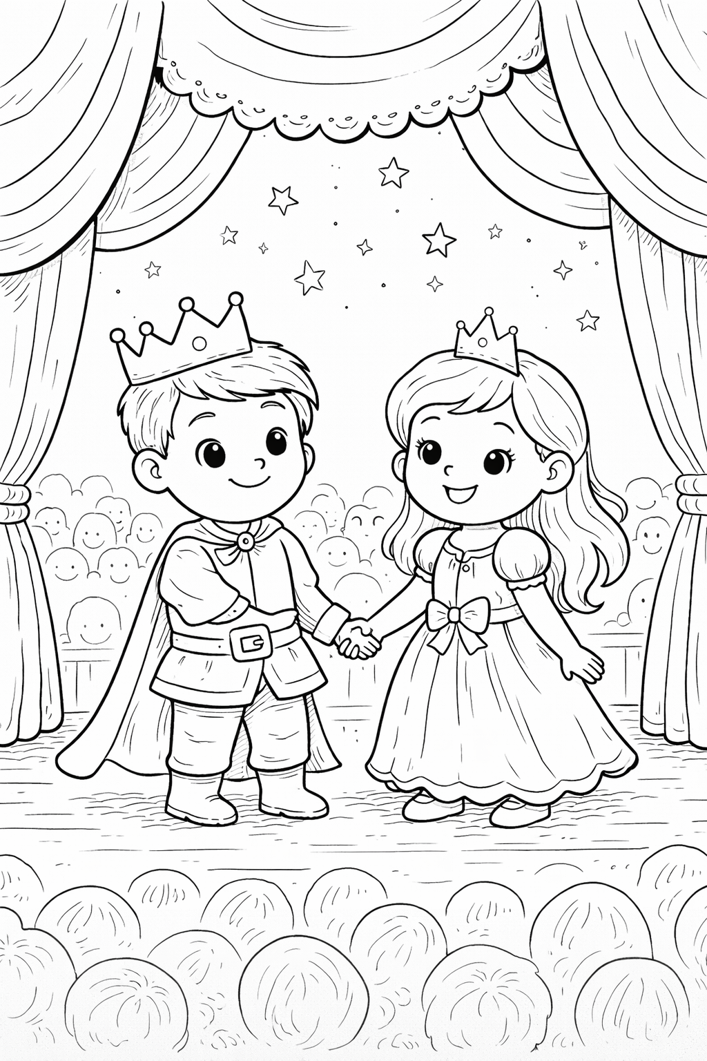 Charming coloring page of a prince and princess holding hands on a stage, surrounded by a smiling audience and set against a starry sky. Ideal for young fairy tale enthusiasts.