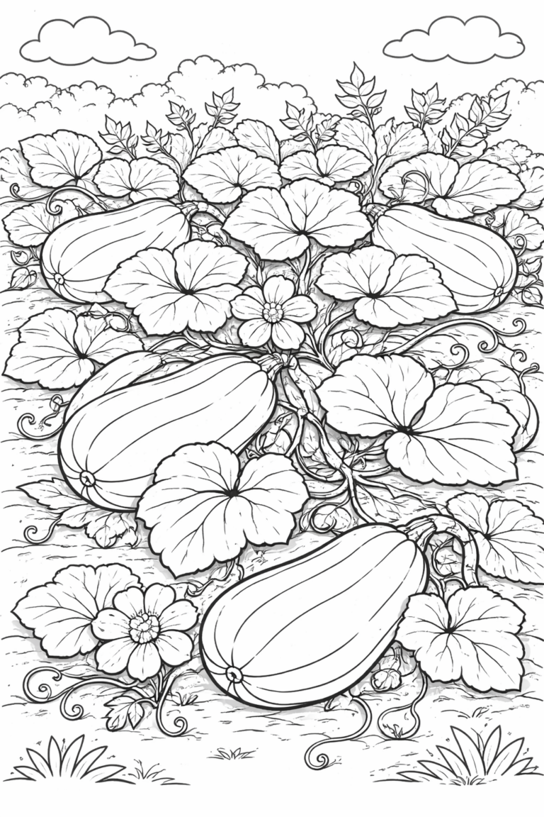 A delightful pumpkin patch scene showcasing large pumpkins, intertwined vines, and blooming flowers. Ideal for children to color and explore nature's beauty through artistic expression.