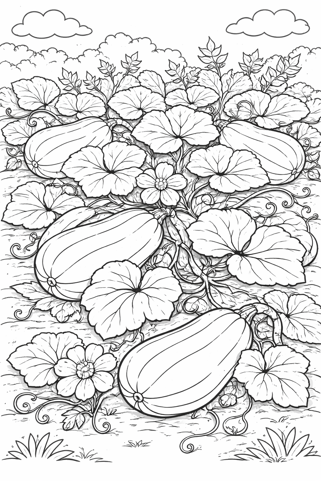 A delightful pumpkin patch scene showcasing large pumpkins, intertwined vines, and blooming flowers. Ideal for children to color and explore nature's beauty through artistic expression.