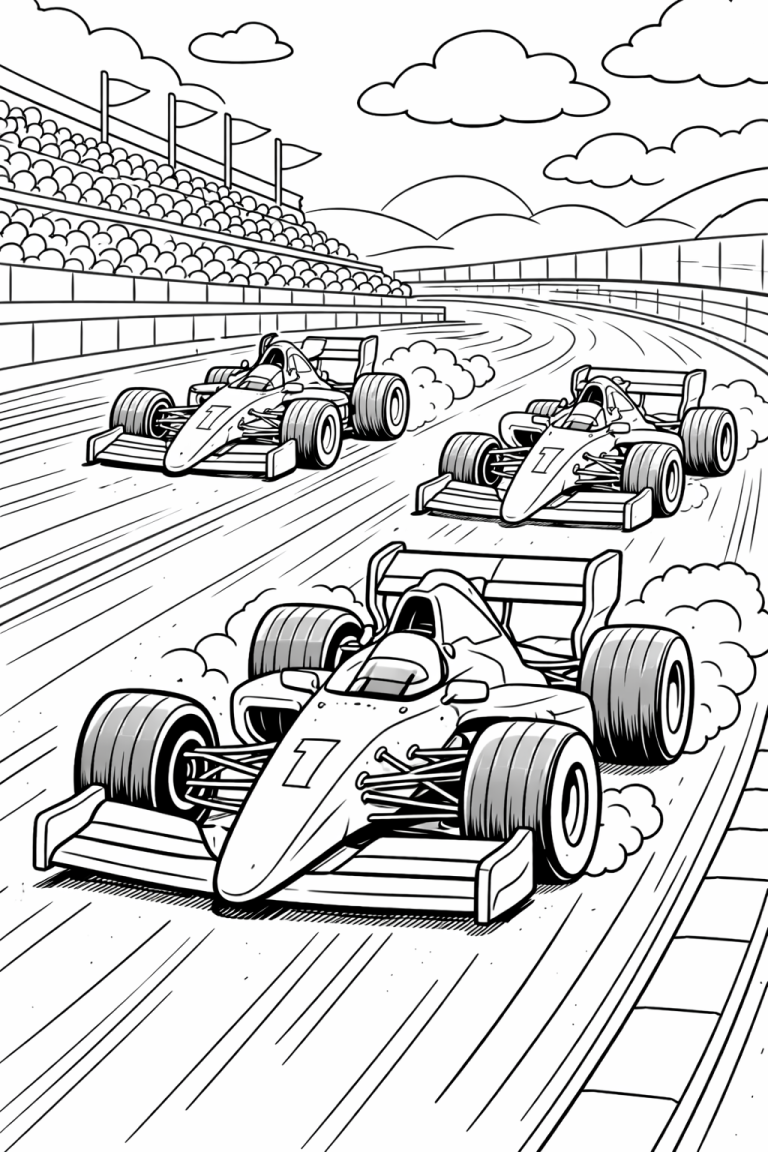 Children's coloring page with race cars on a track