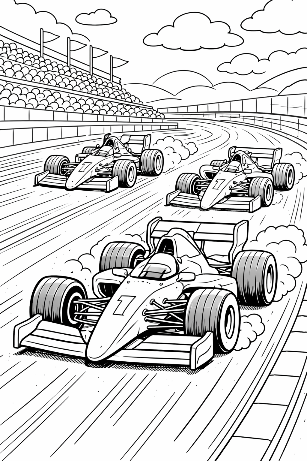 Children's coloring page with race cars on a track