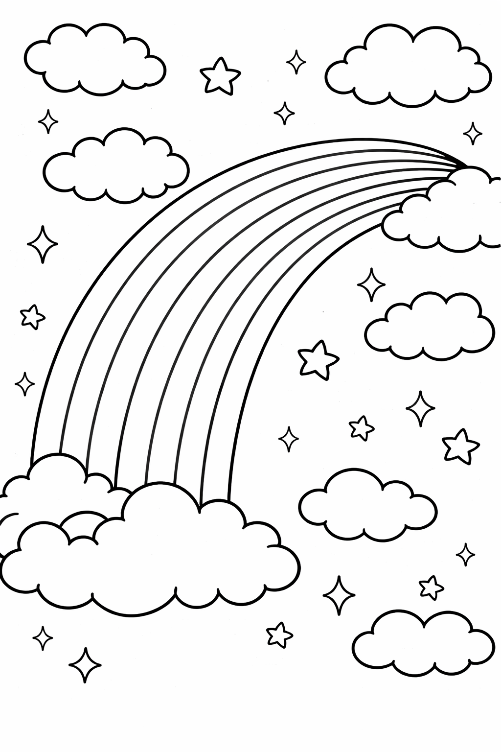 Rainbow with clouds and stars coloring page