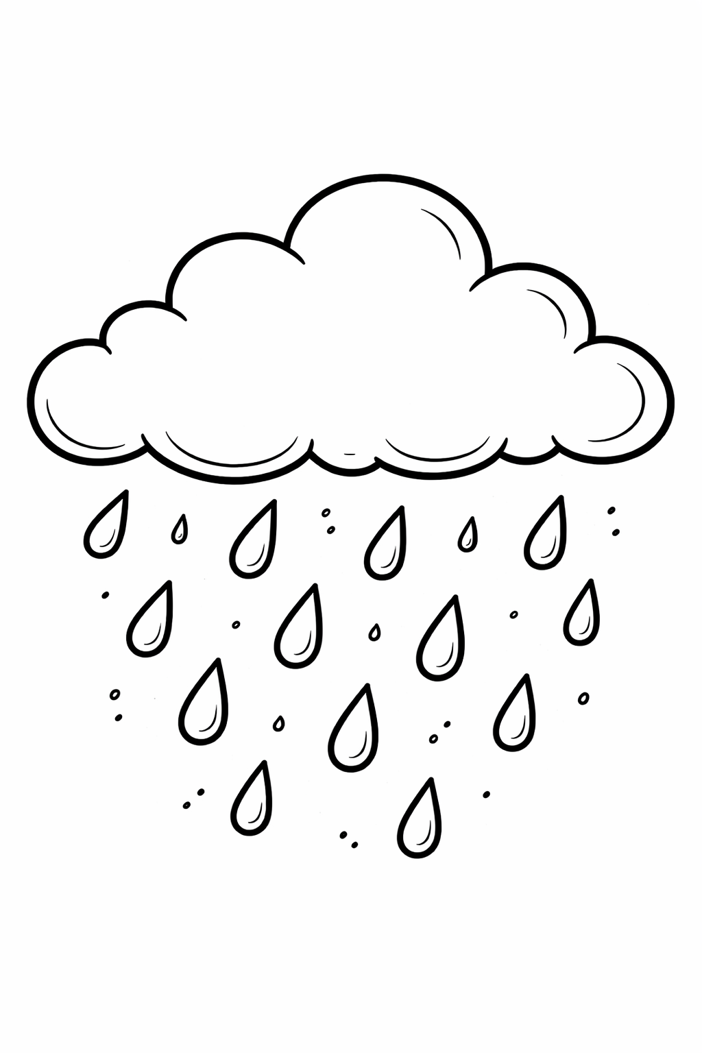 A children's coloring page showing a large fluffy cloud with multiple raindrops falling from it. The simple lines make it perfect for young children to color and learn about the weather in a fun and engaging way.