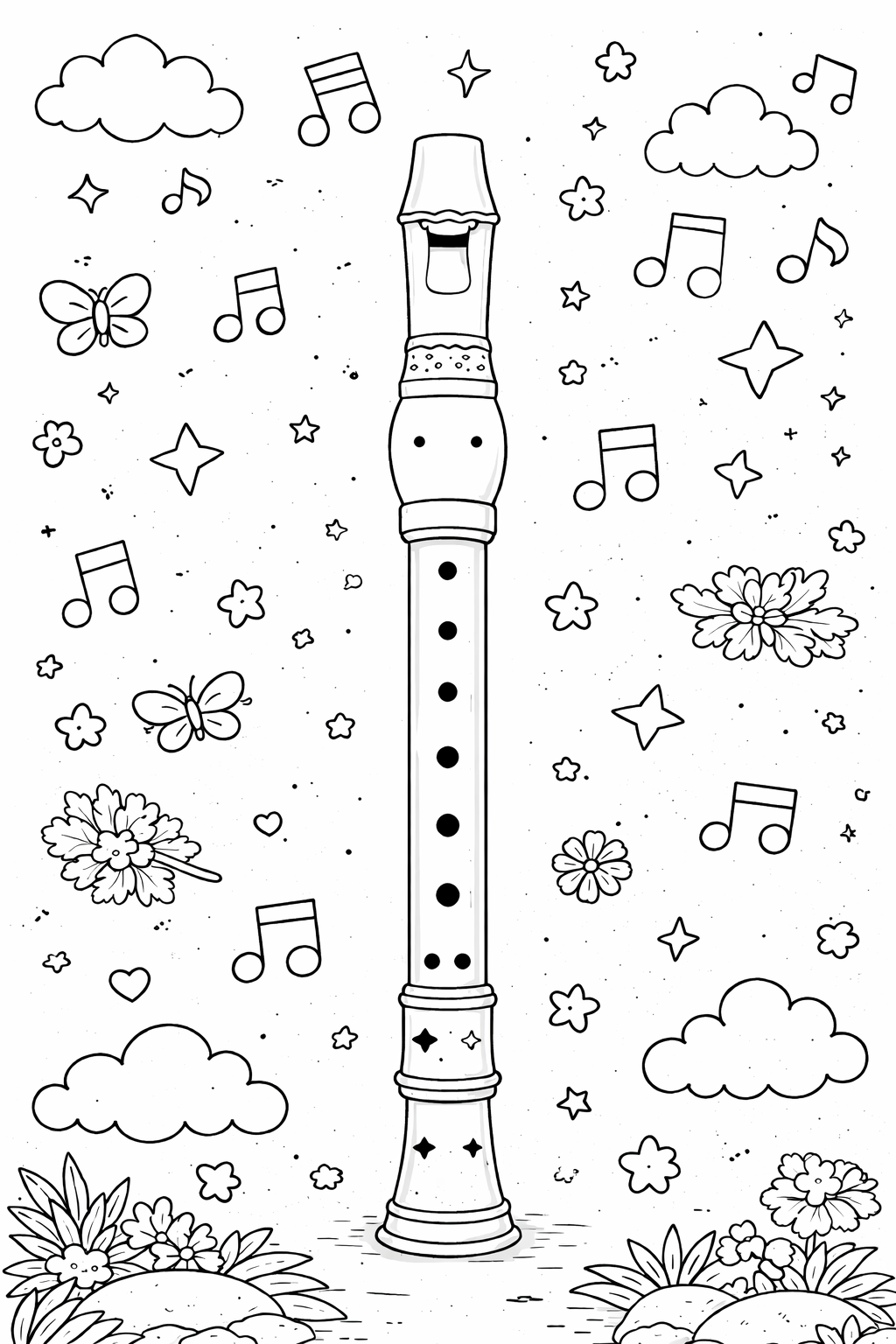 A coloring page depicting a recorder with musical notes, butterflies, and stars, designed for children to color while learning about musical instruments.