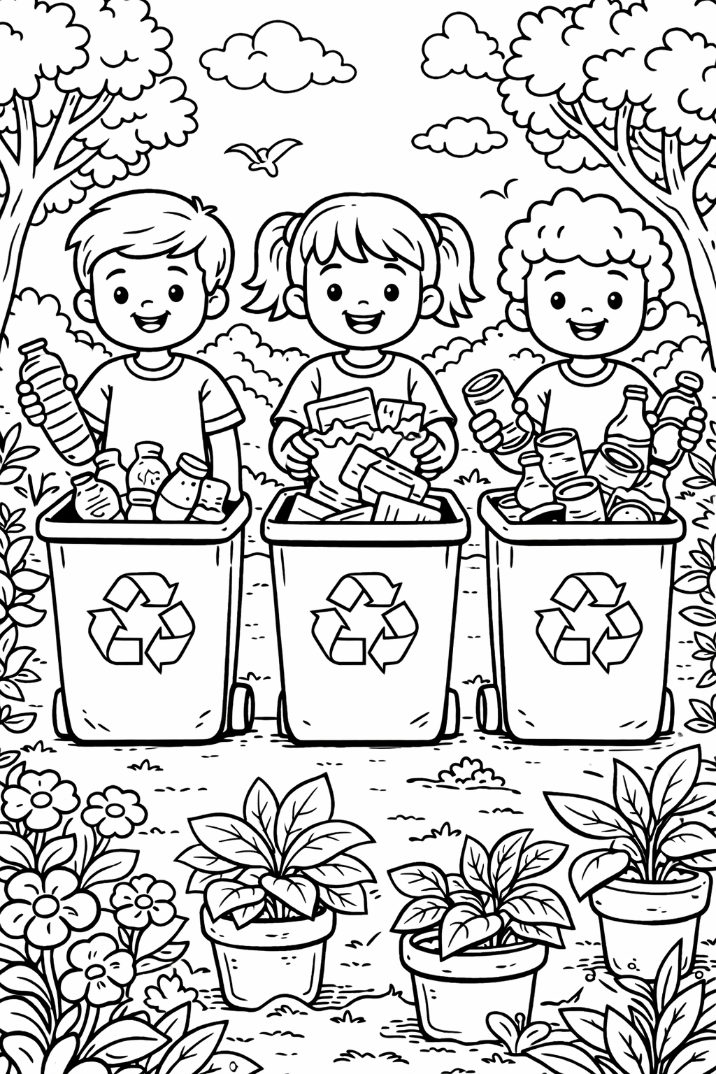 Children participating in recycling, sorting recyclables into labeled bins in a lush, outdoor environment with trees and plants. This activity educates about environmental care through an engaging coloring task.