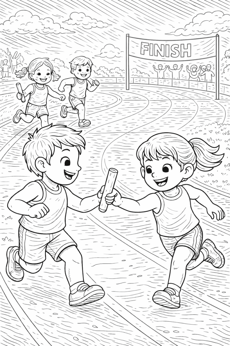 Children participating in a relay race coloring page