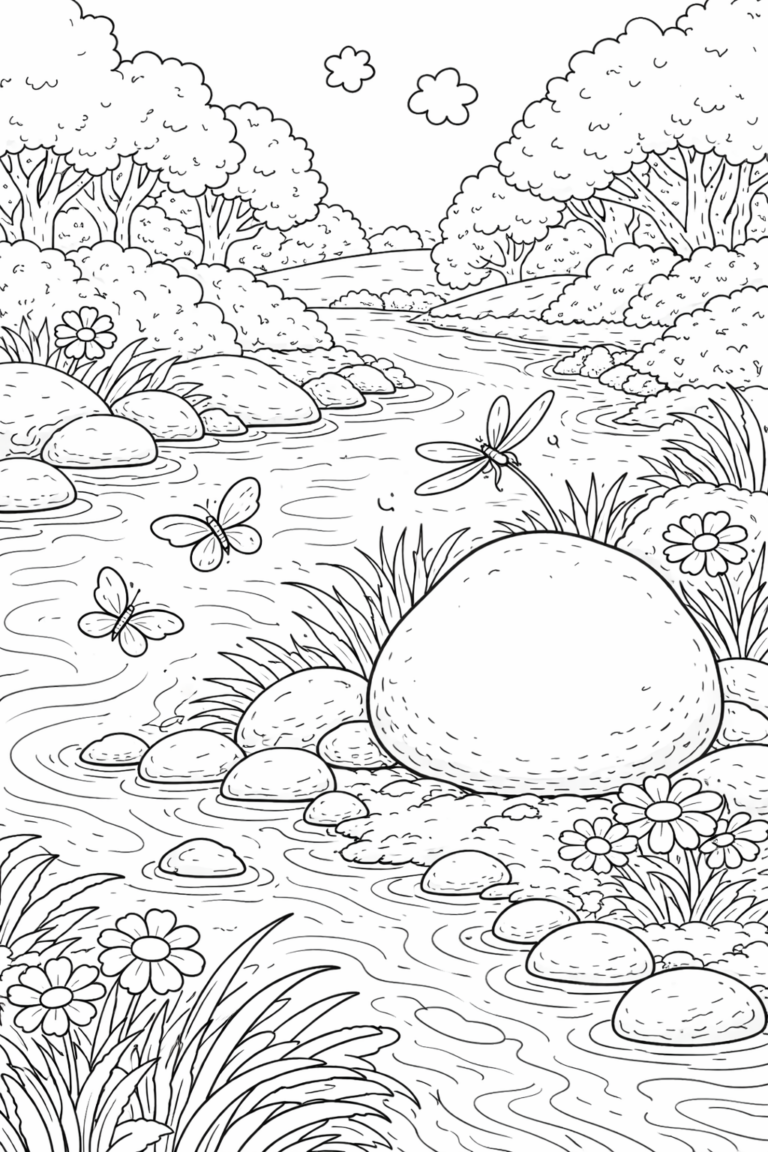 Children's coloring page depicting a river landscape with rocks, flowers, trees, butterflies, and grass. Kids can color this tranquil scene and explore their creativity. A dragonfly adds interest to the peaceful setting.