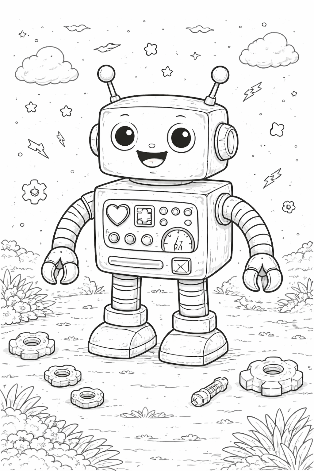 Cute robot with gears and plants coloring page